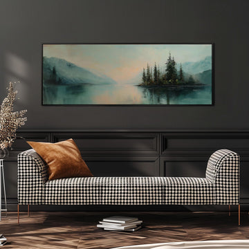 a large painting of a serene landscape with a lake and mountains in the background, hanging on a wall above a black and white checkered sofa.