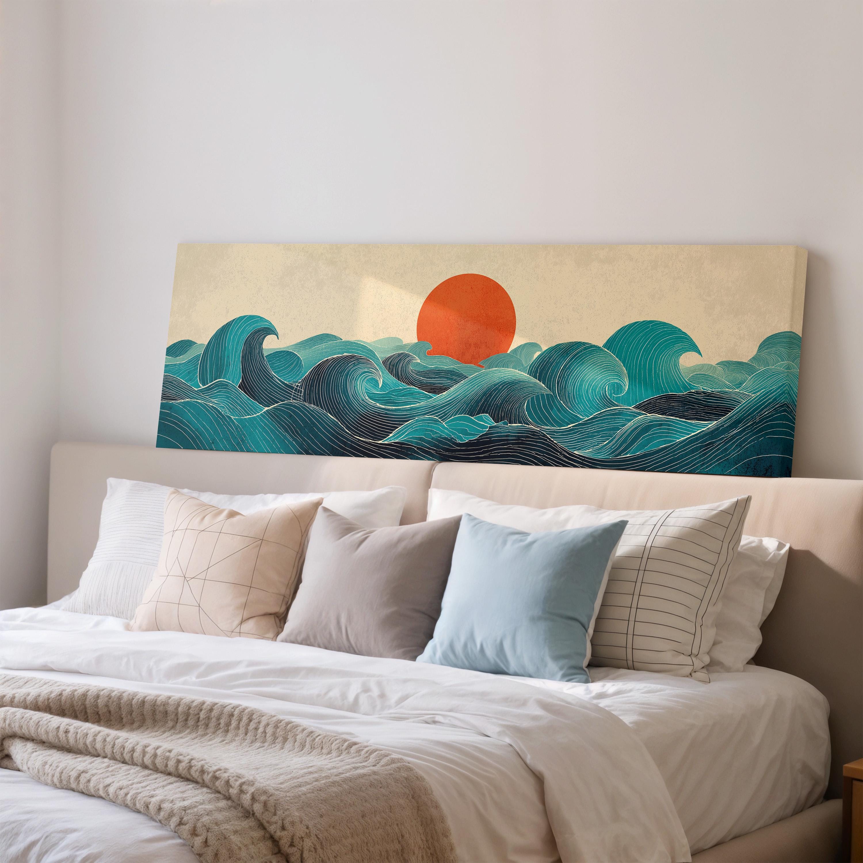 a large, colorful painting of a sunset over a body of water, with the sun depicted as a bright orange circle in the sky.