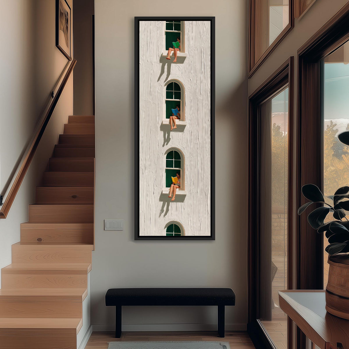 Readers sitting in stacked arched windows tall narrow canvas print beside a staircase in an entryway