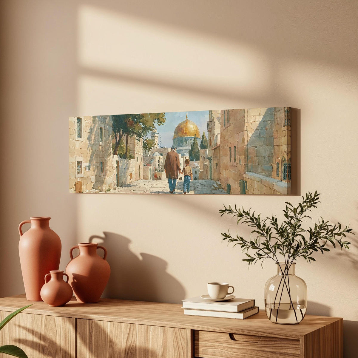 Jerusalem old city street with the golden dome long horizontal canvas print above a wooden sideboard
