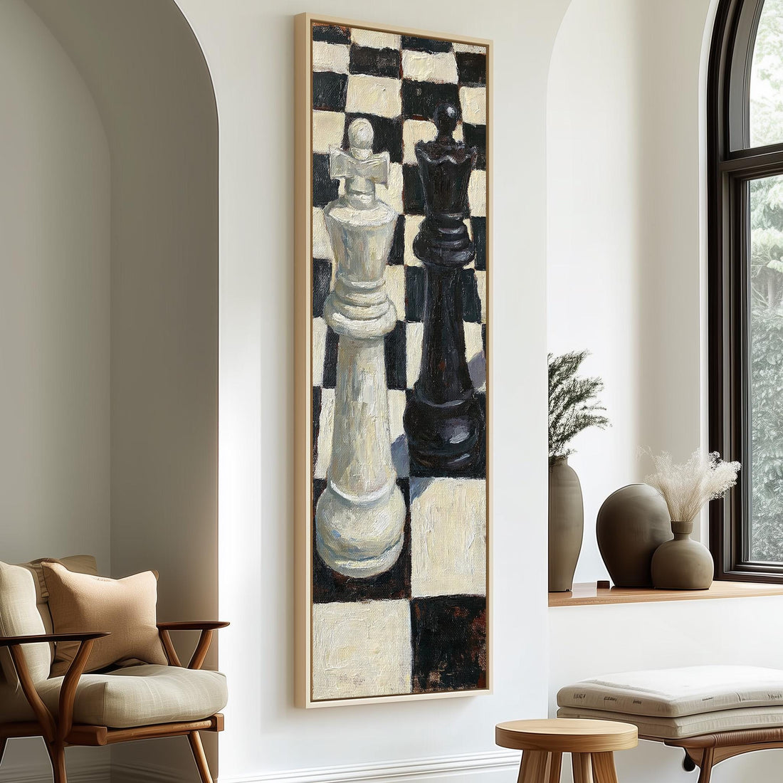 White and black chess kings facing off long vertical canvas print in a sunlit living space
