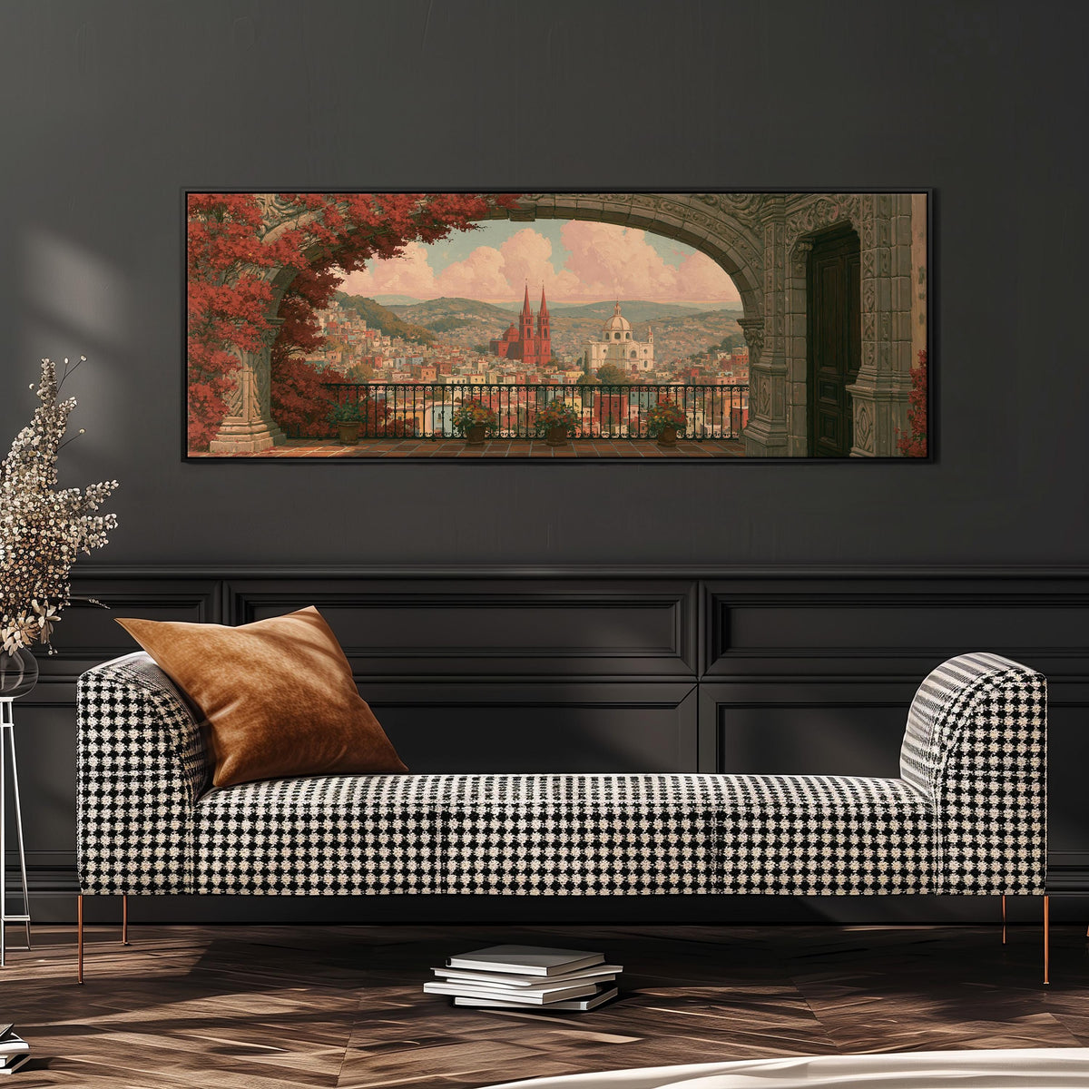 Old world city view through an archway wide panoramic canvas print above a bench in a dark living room