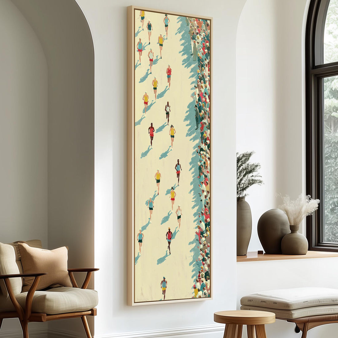 Marathon runners seen from above long vertical canvas print in a sunlit living space