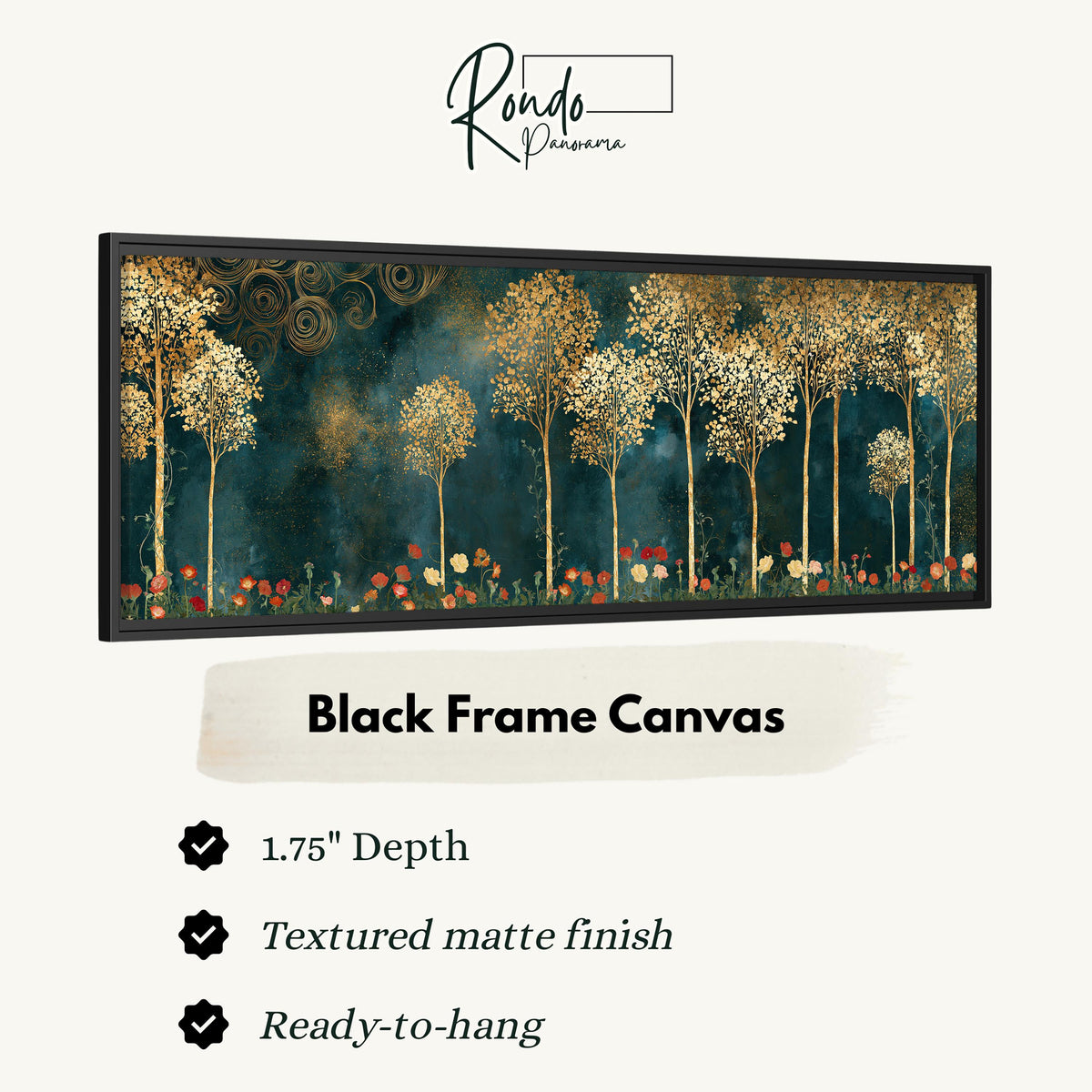 Gold leaf trees above red poppies on teal canvas print in a black floating frame