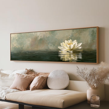 White water lily in soft mist long horizontal canvas print above a sofa in a living room