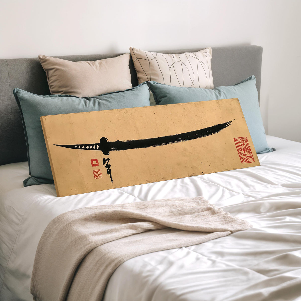 Ink brush katana wide panoramic canvas print laid on a bed to show its size