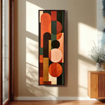Terracotta, navy and blush arch and circle totem long vertical canvas print in a sunlit living space