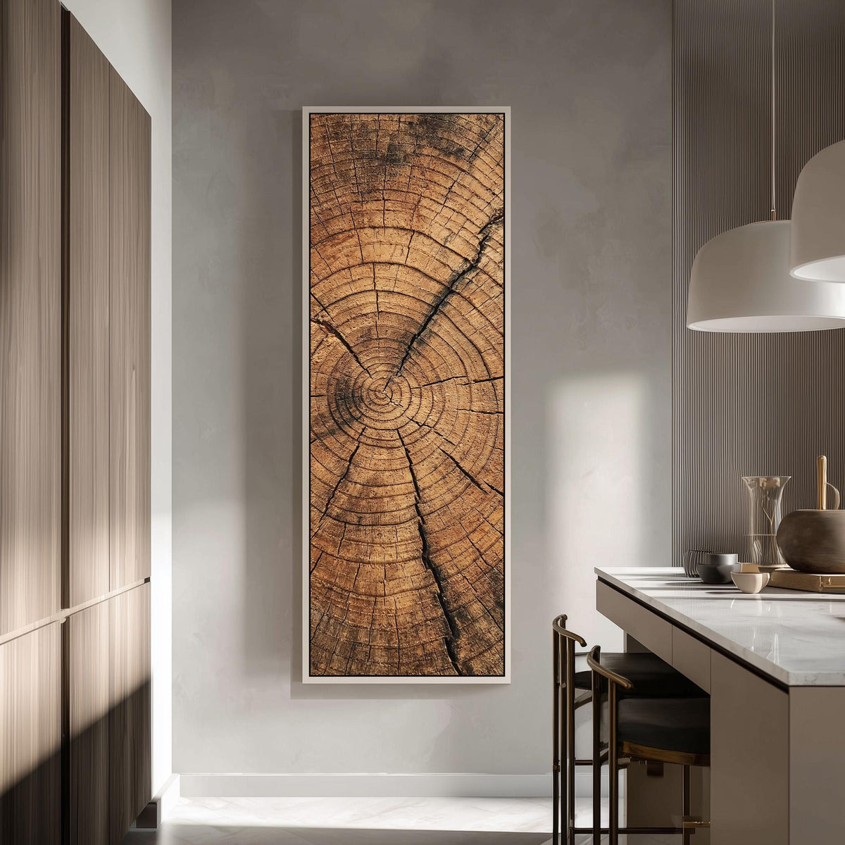Natural tree ring texture tall skinny canvas print in a modern kitchen