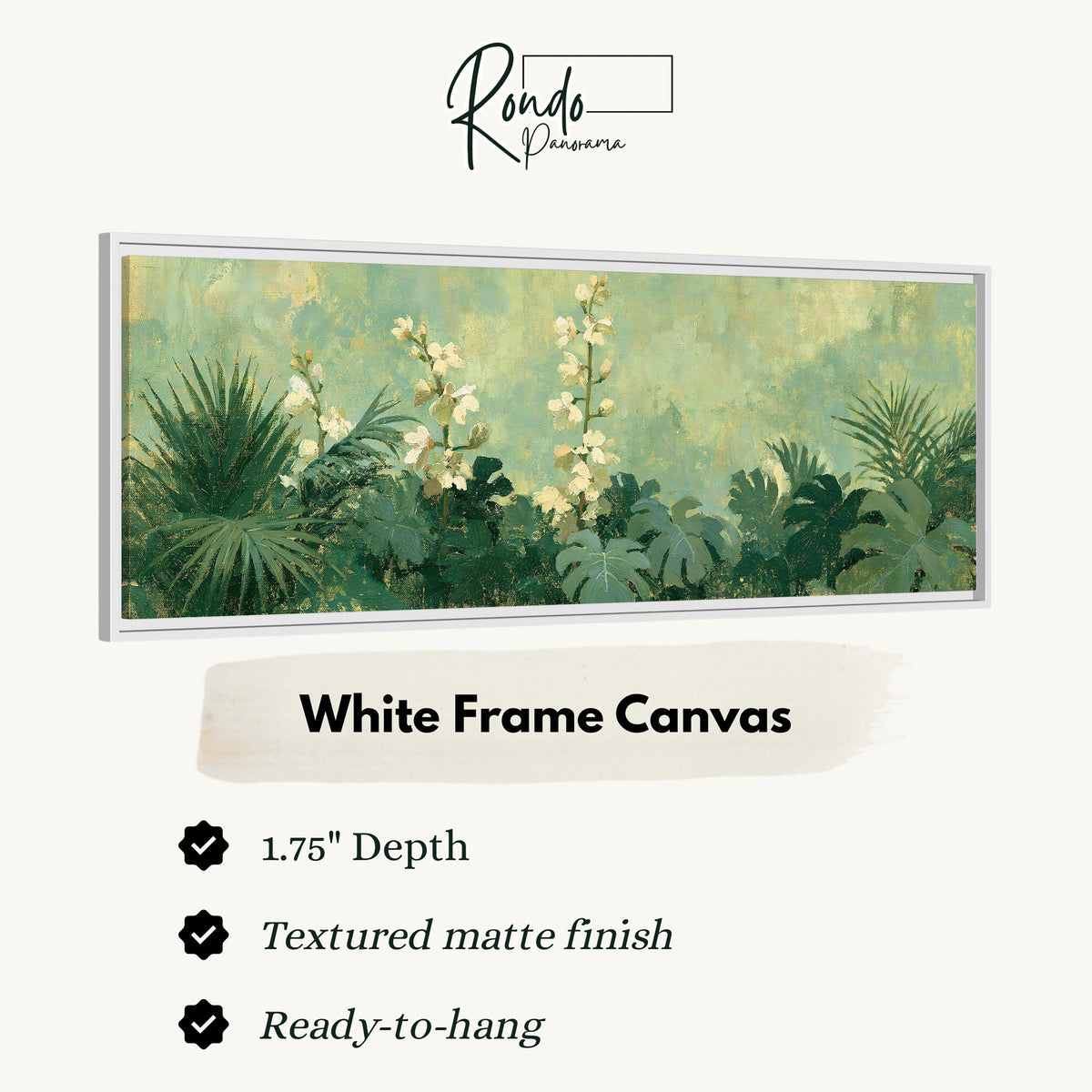 Tropical white blooms in green foliage canvas print in a white floating frame