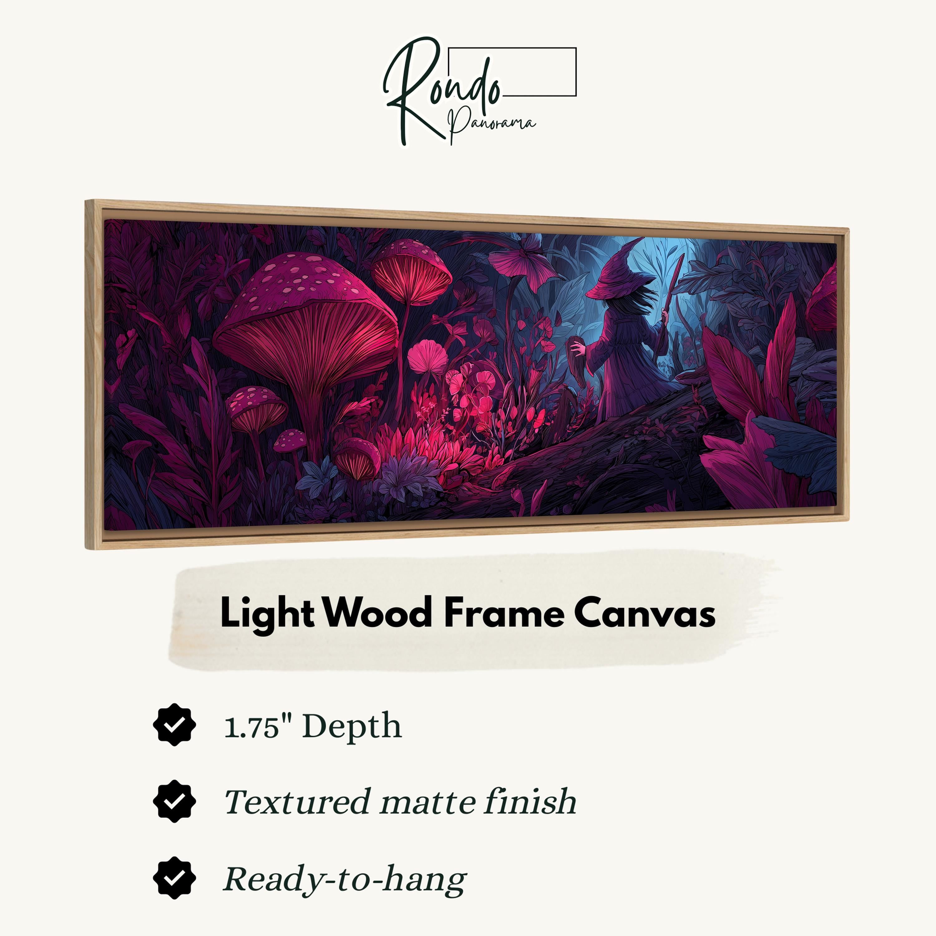 The image is a framed canvas depicting a fantastical scene with mushrooms, flowers, and a character in a purple outfit.