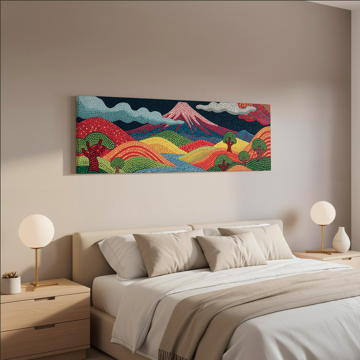 Mount Fuji above rainbow dotted hills wide panoramic canvas print above a bed in a neutral bedroom