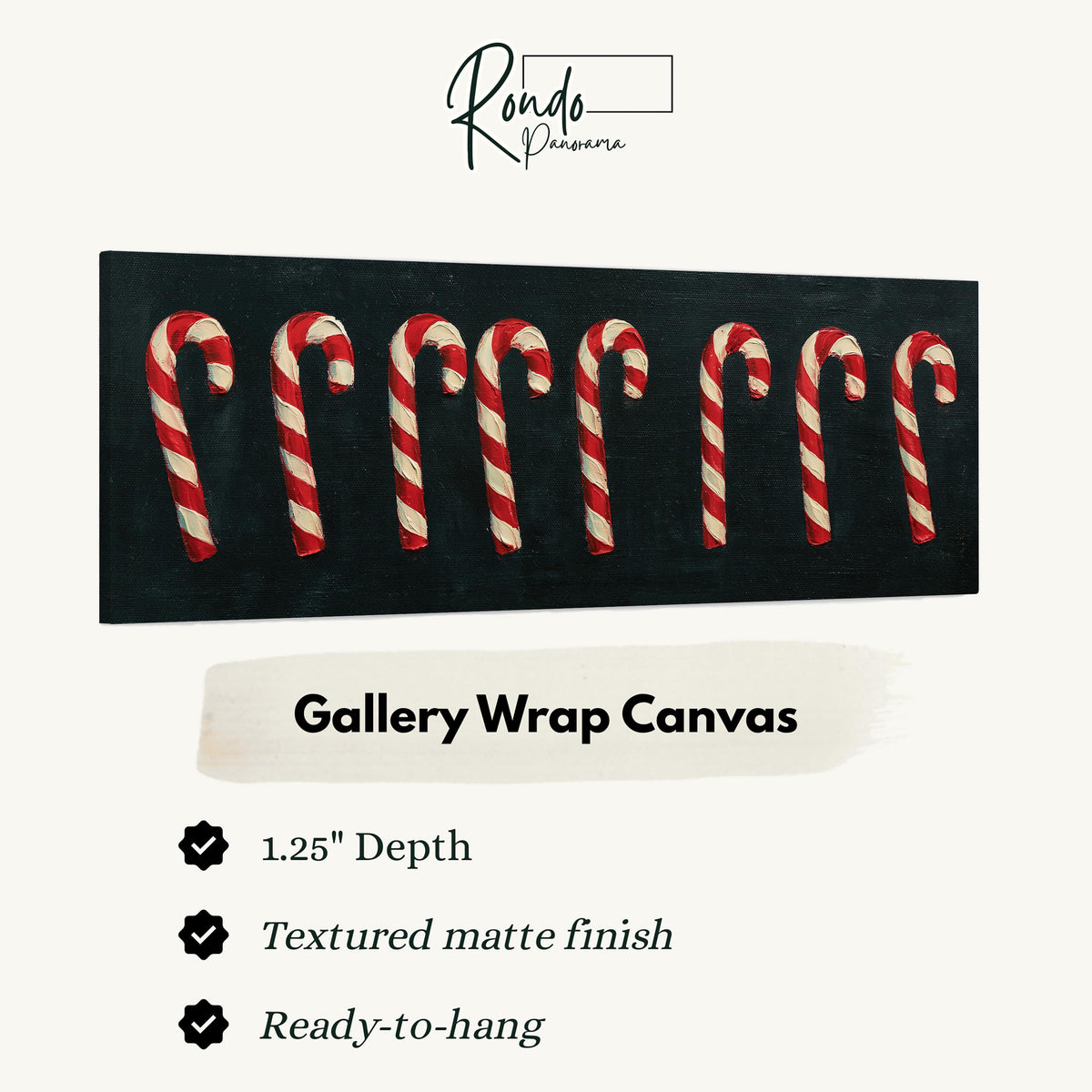 Row of candy canes on black gallery wrap canvas with the image wrapped around the edges