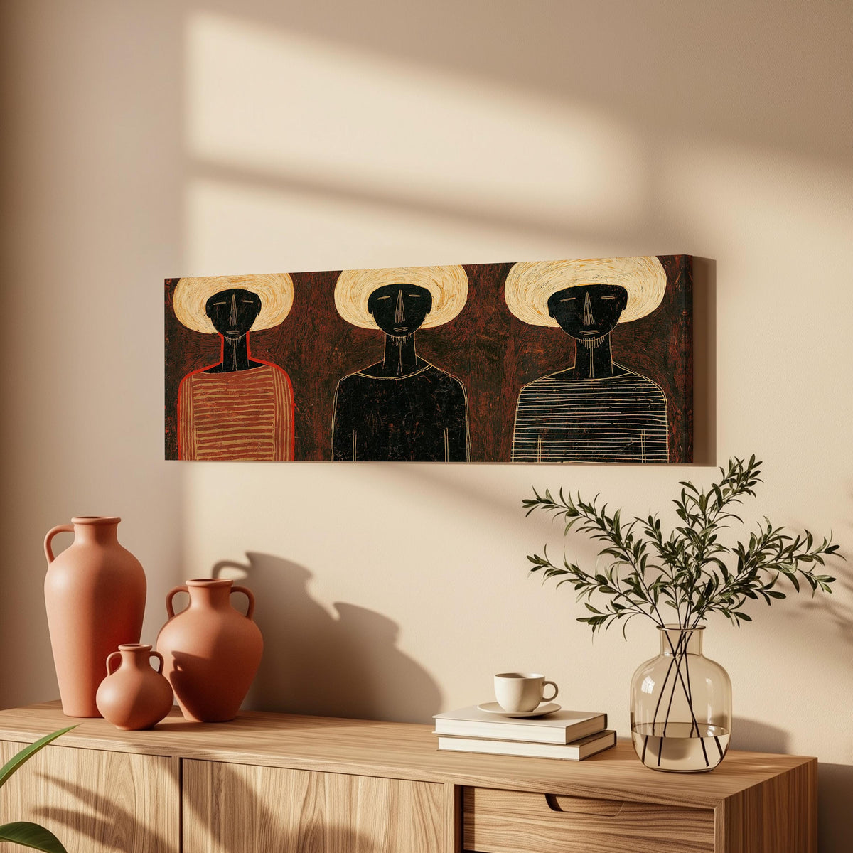 Three figures in striped shirts long horizontal canvas print above a wooden sideboard