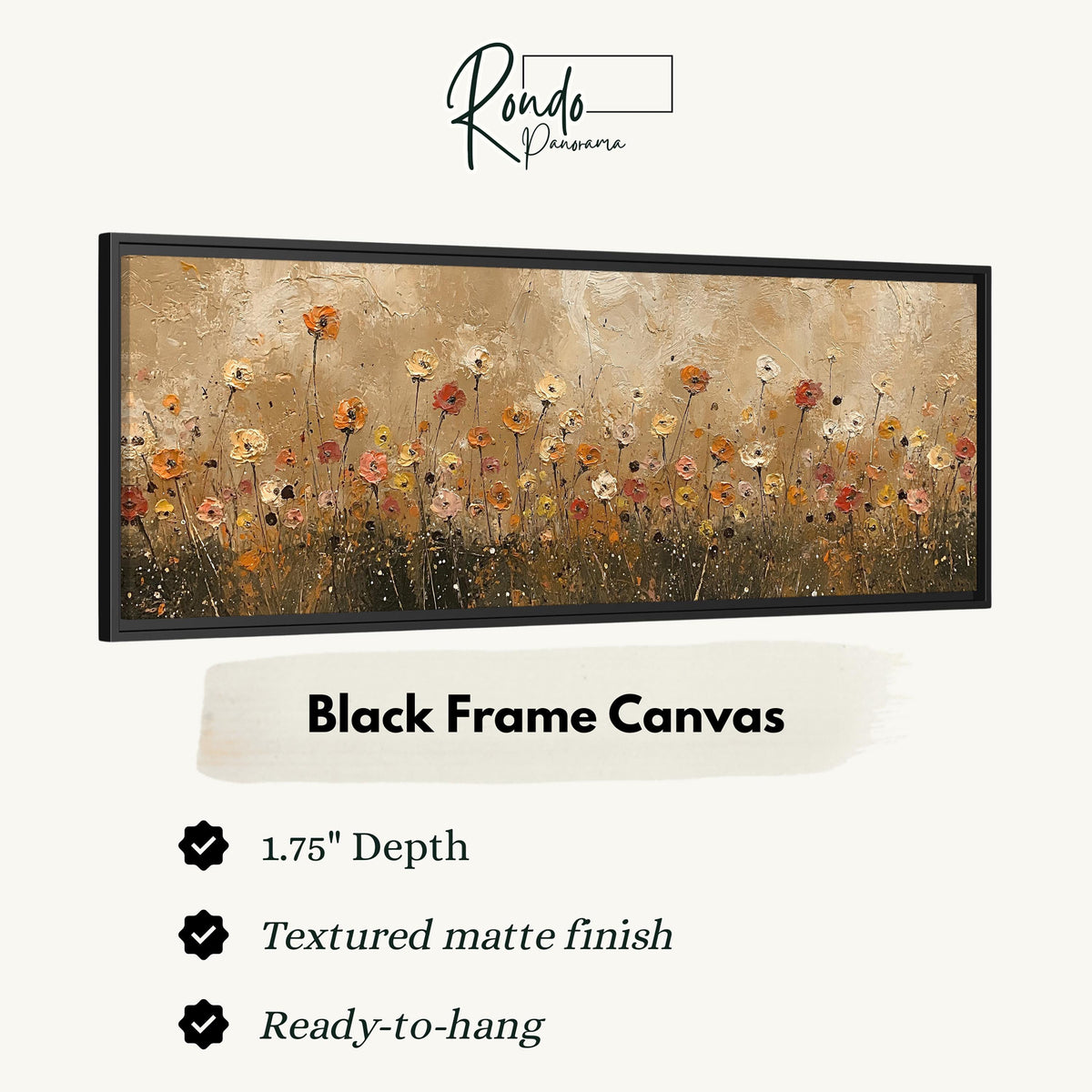 Golden wildflower field canvas print in a black floating frame