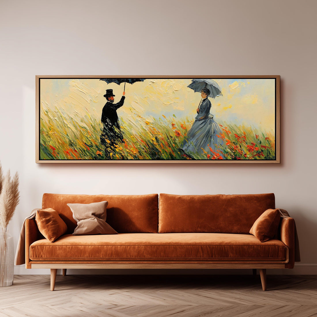Couple with umbrellas in a poppy field long horizontal canvas print above a sofa in a living room