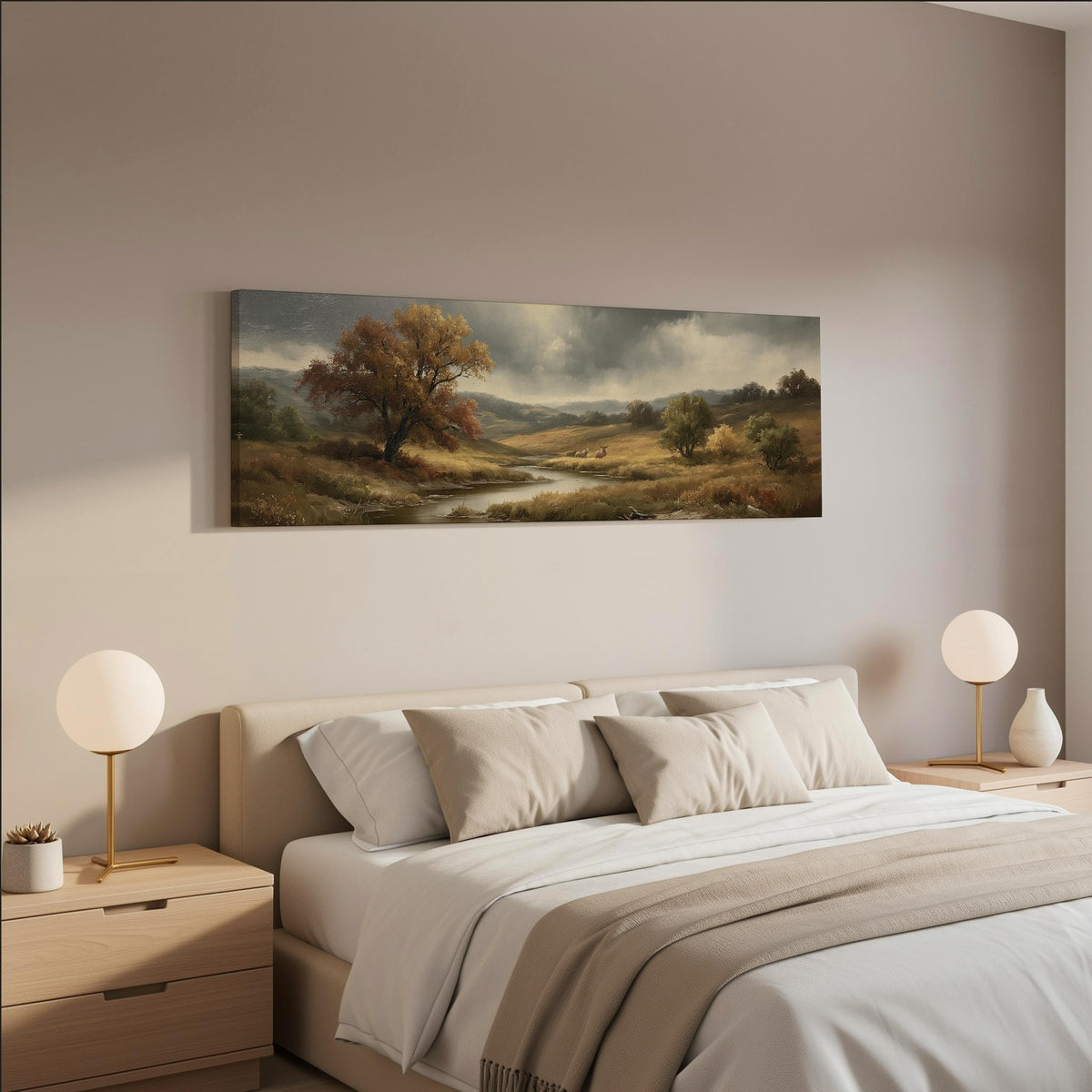 Autumn river valley under a stormy sky wide panoramic canvas print above a bed in a neutral bedroom