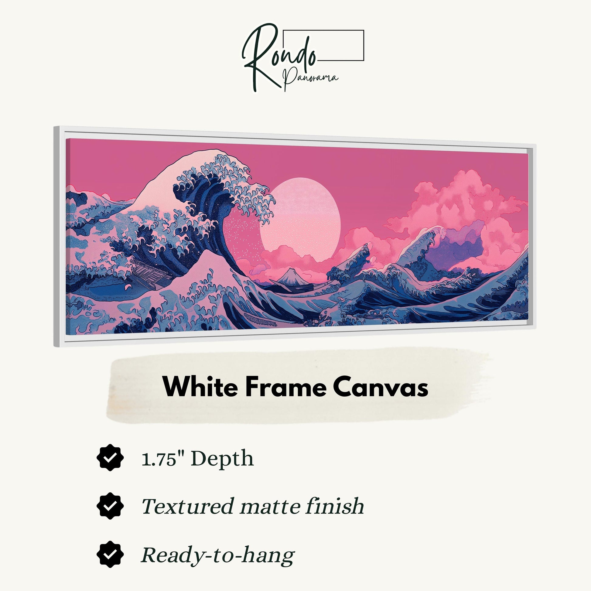 The image is a white frame canvas depicting a large, colorful wave with a pink and purple sky in the background.