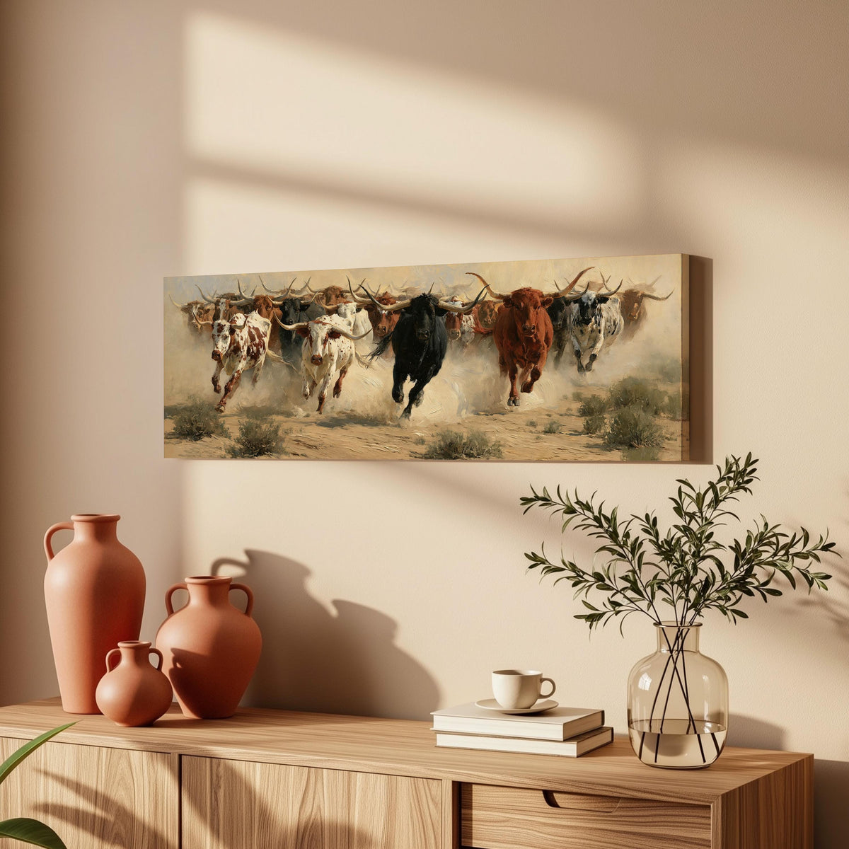 Charging longhorn herd long horizontal canvas print above a wooden sideboard