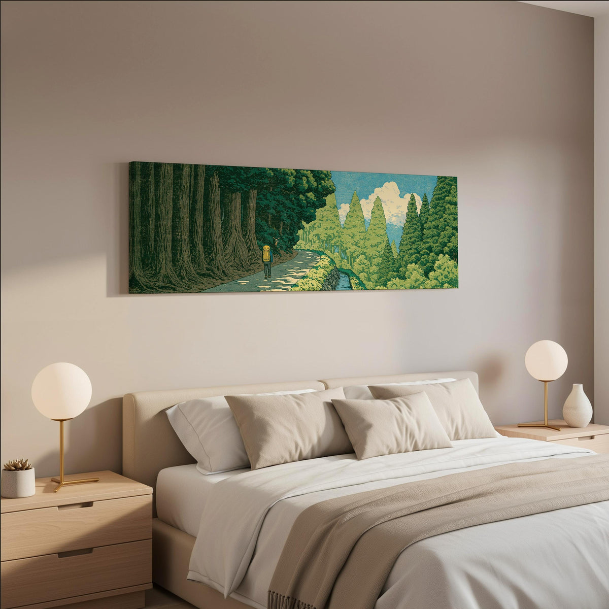 Hiker on a forest trail wide panoramic canvas print above a bed in a neutral bedroom