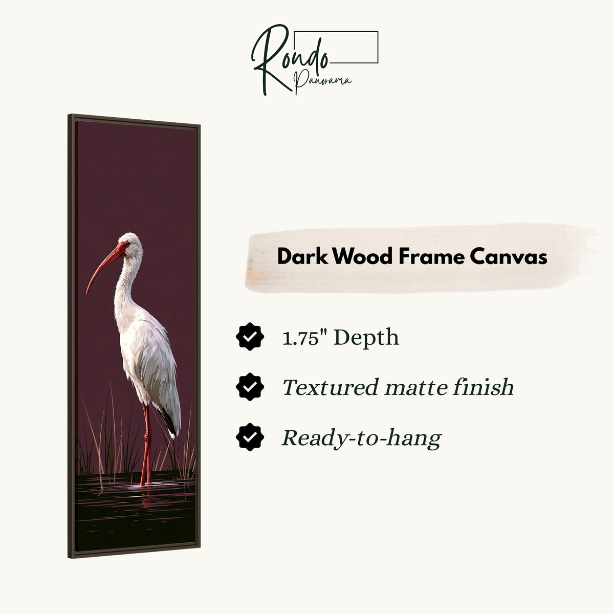 White ibis on a plum background canvas print in a dark wood floating frame
