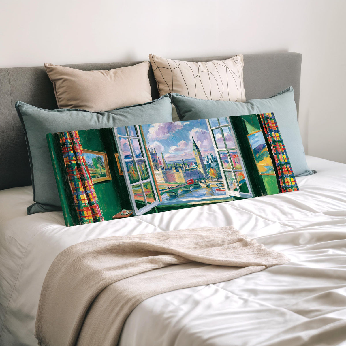 London and Big Ben through a green room window wide panoramic canvas print laid on a bed to show its size