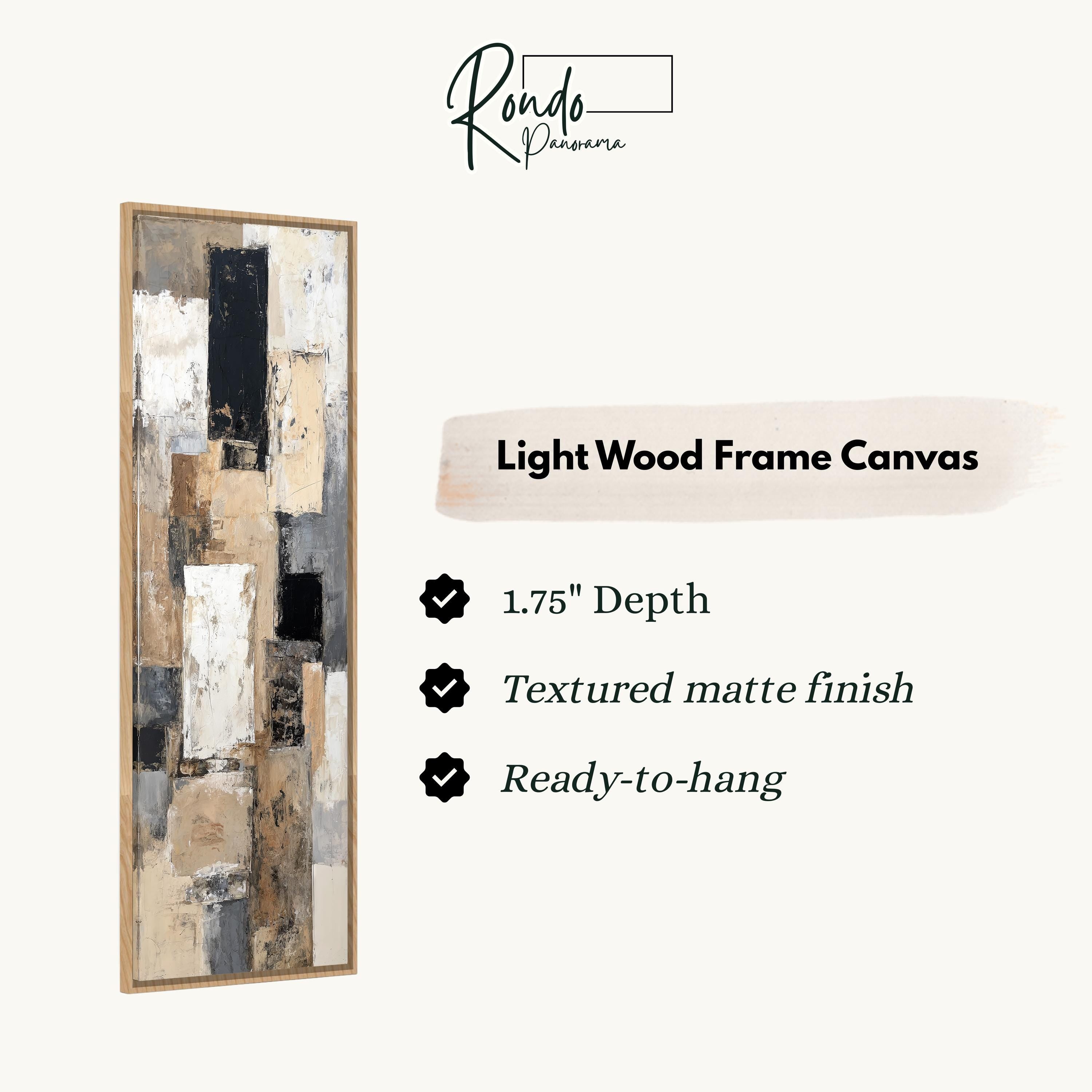 The image is a product description for a light wood frame canvas. It features a painting with a textured finish and a depth of 1.75 inches. The canvas is ready to hang and has a textured matte finish.