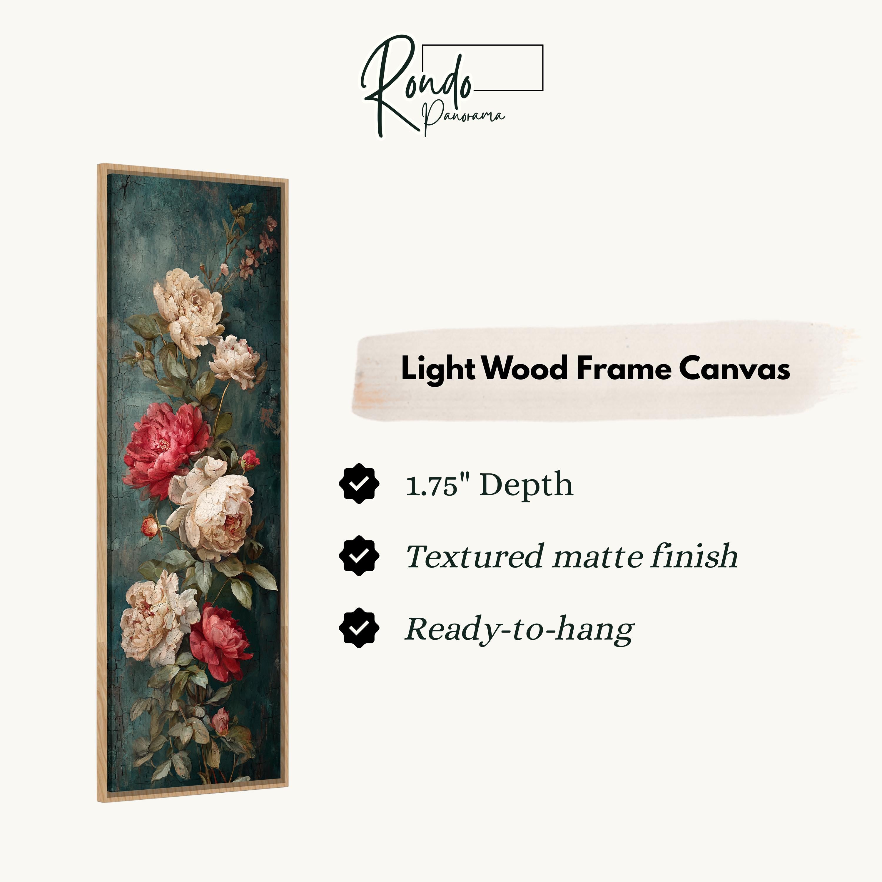 The image is a light wood frame canvas featuring a floral design with red and white flowers.