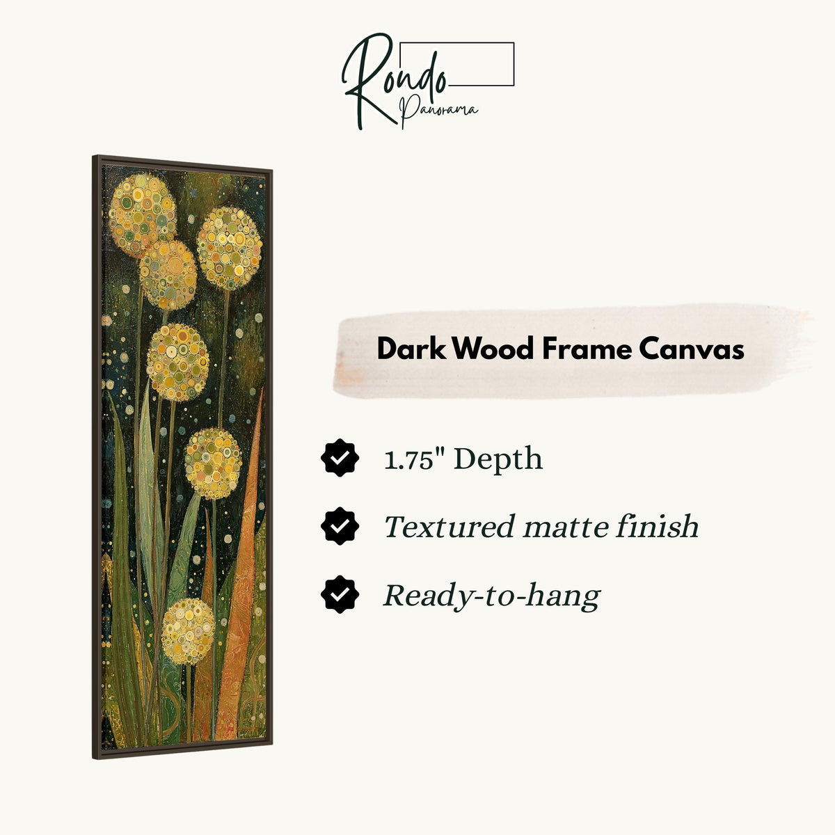 Golden allium blooms canvas print in a dark wood floating frame