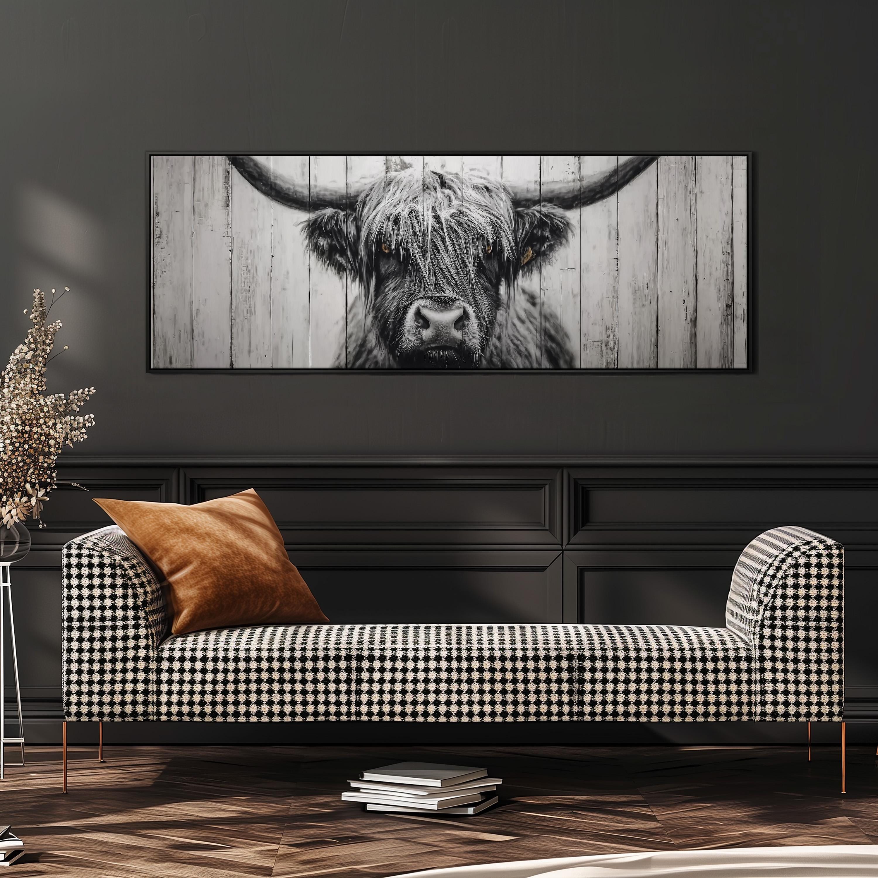 a large black and white photograph of a horned animal, possibly a yak or a cow, displayed on a wall above a black and white checkered sofa.