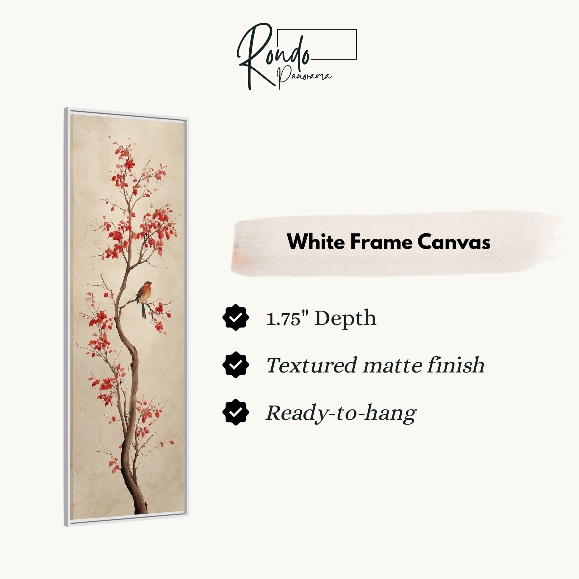 The image is a white frame canvas featuring a painting of a bird perched on a branch with red flowers.