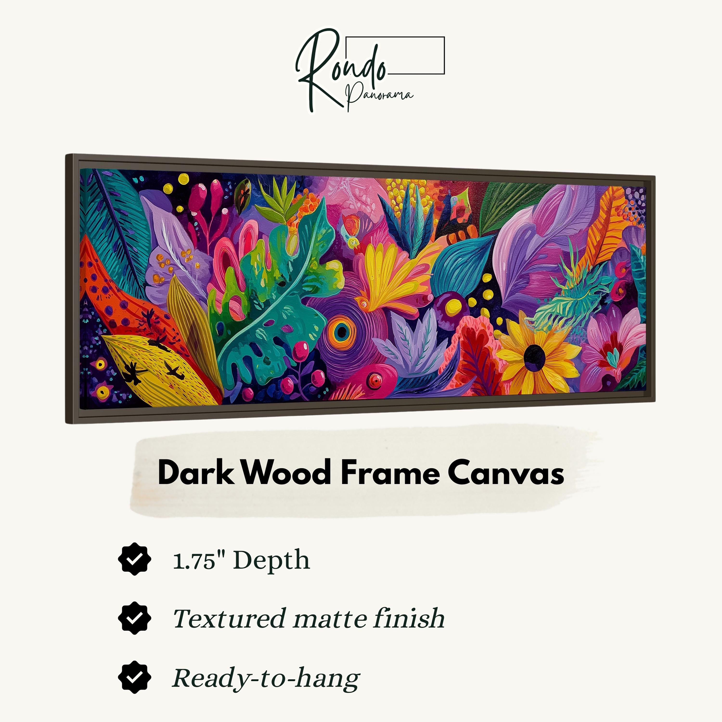The image is a vibrant, colorful painting of a lush, tropical garden scene, featuring a variety of flowers, leaves, and other natural elements. The painting is displayed in a dark wood frame, which adds a touch of elegance and sophistication to the artwork. The frame is described as having a 1.75" depth, a textured matte finish, and is ready to hang, making it a suitable choice for any room in the house.
