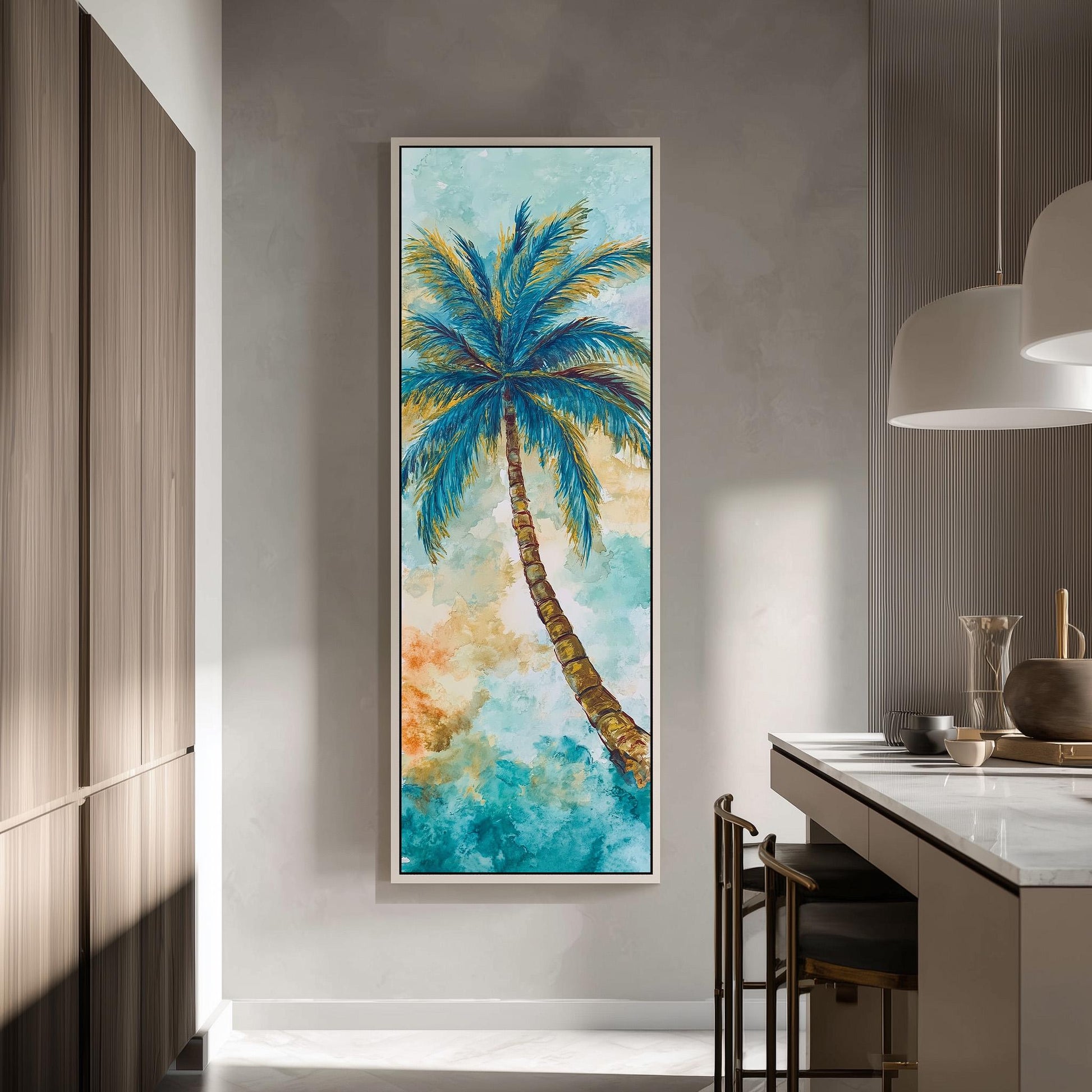 a large painting of a palm tree hanging on a wall in a modern kitchen.