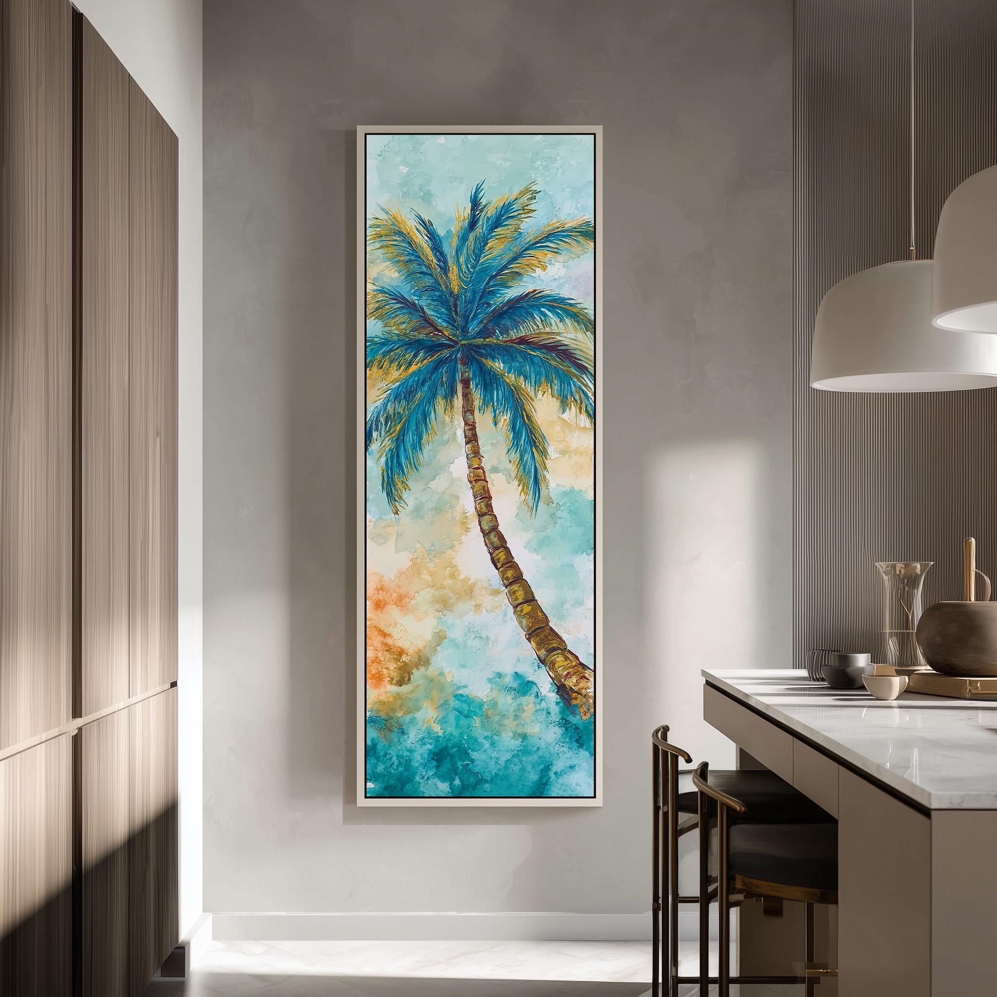 a large painting of a palm tree hanging on a wall in a modern kitchen.