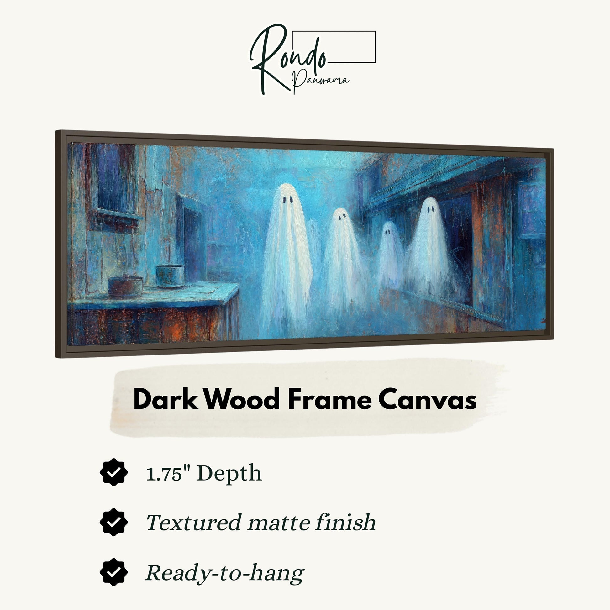 The image is a painting of four ghostly figures in a dark, mysterious setting.