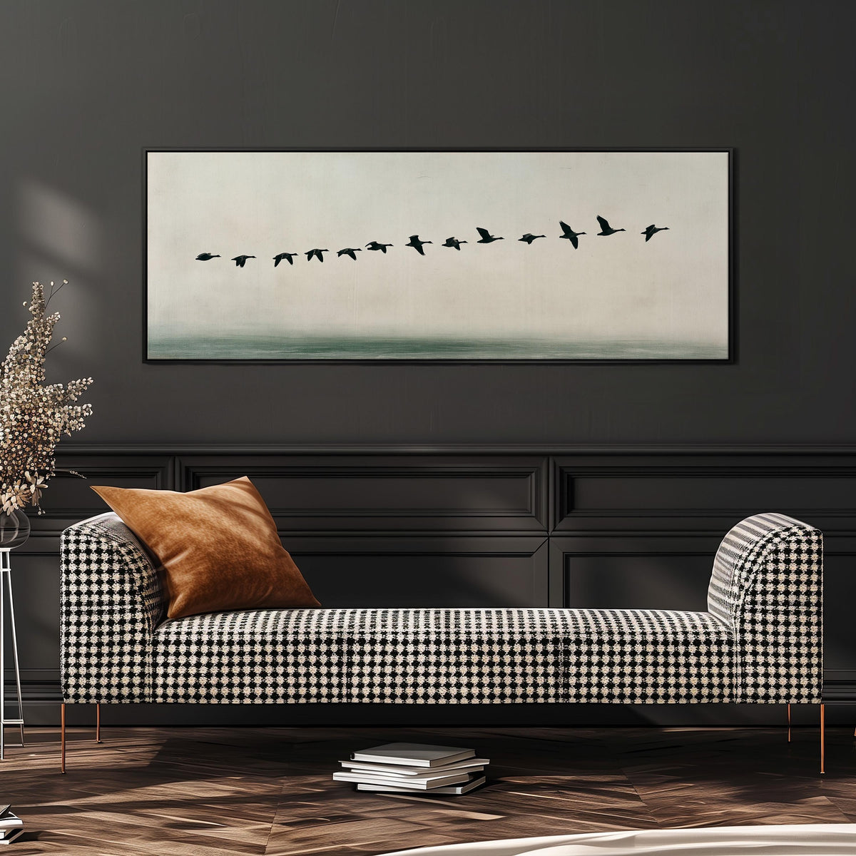 Geese flying over still water wide panoramic canvas print above a bench in a dark living room