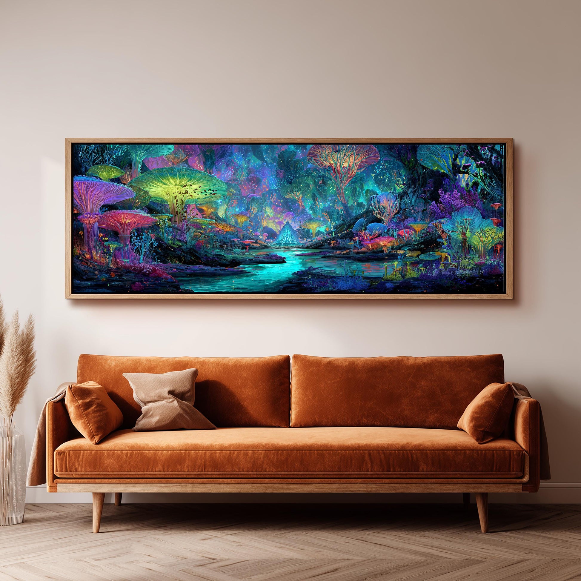 a large, vibrant painting of a fantastical, colorful landscape hanging on a wall above a brown sofa.