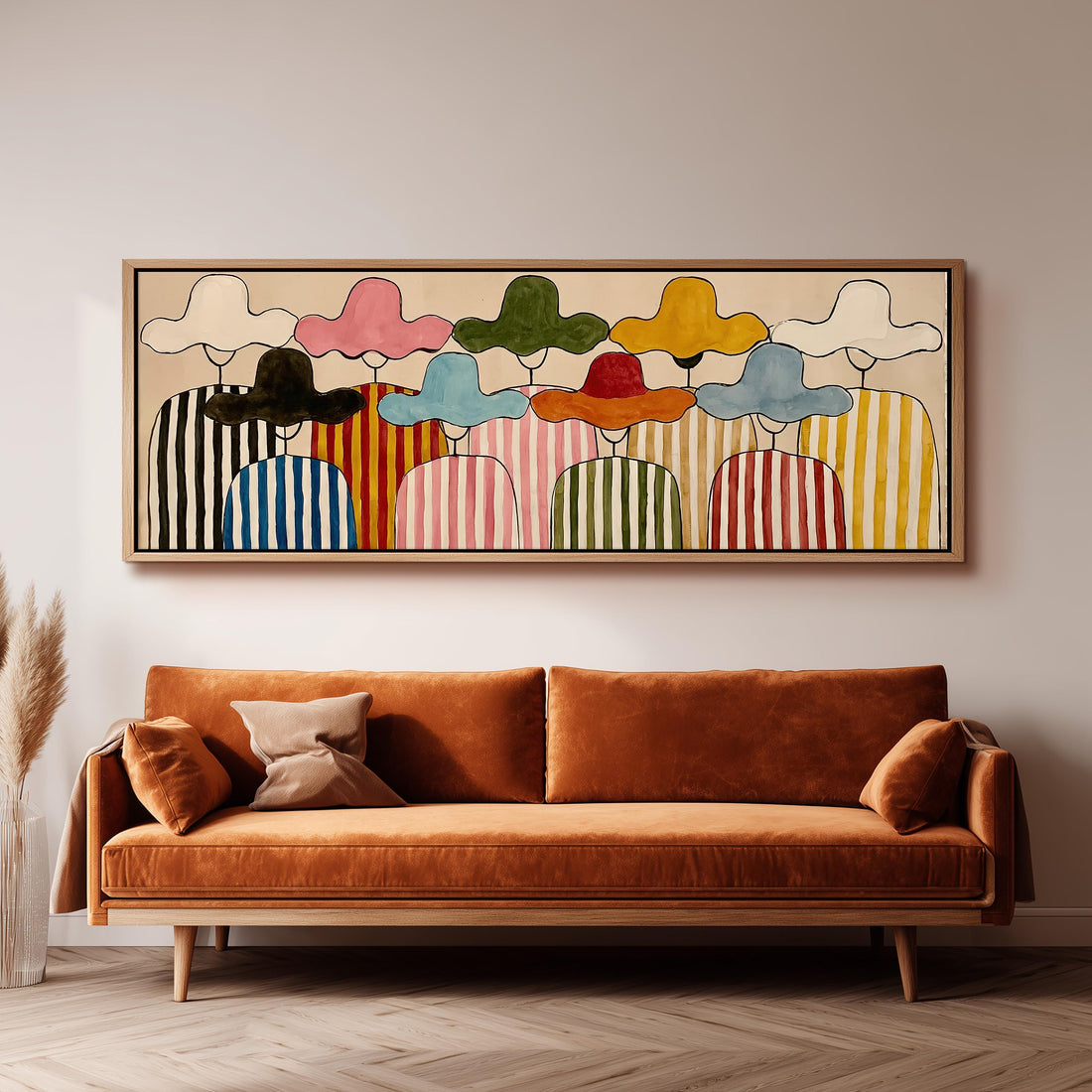 Gathering of figures in straw hats and stripes long horizontal canvas print above a sofa in a living room
