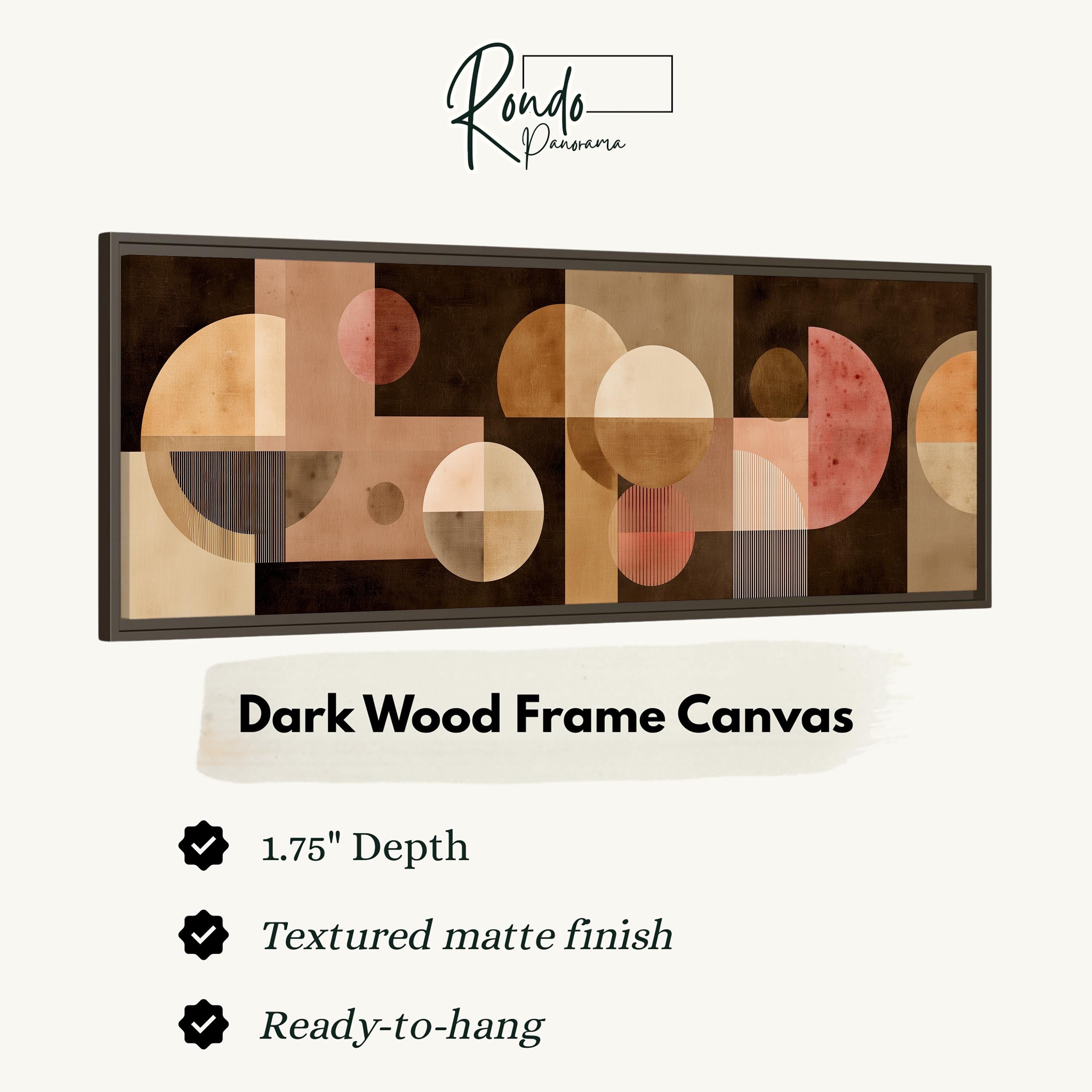 The image is a product advertisement for a dark wood frame canvas. It features a large abstract artwork with circles and shapes in various shades of brown and beige. The advertisement highlights the canvas's features, including its 1.75" depth, textured matte finish, and ready-to-hang nature.