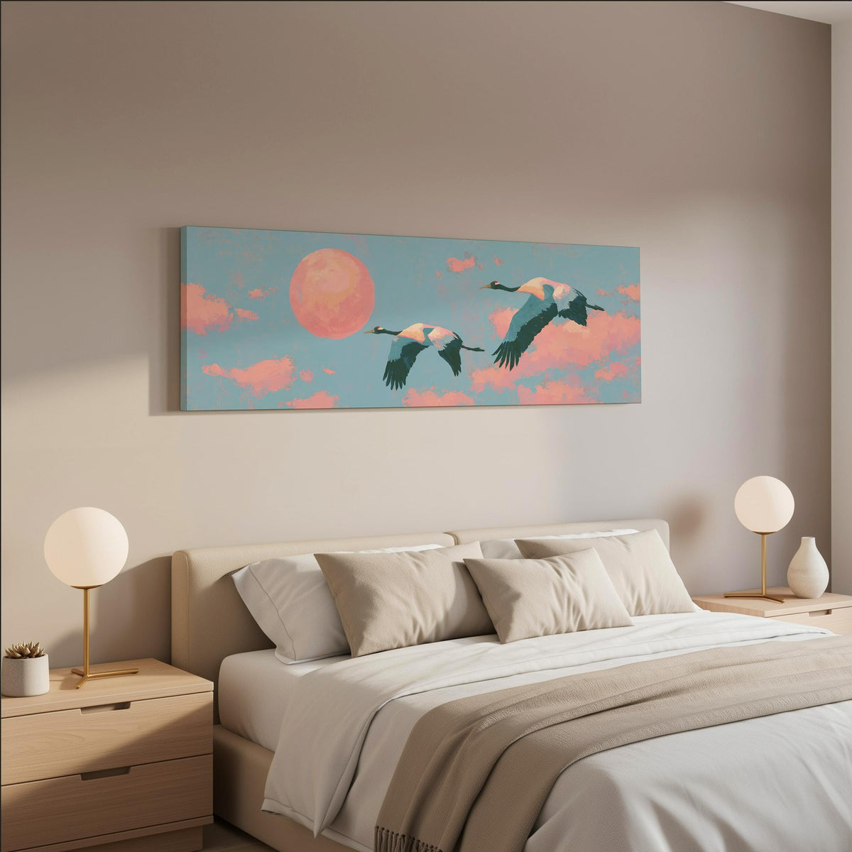 Two cranes flying at sunset wide panoramic canvas print above a bed in a neutral bedroom