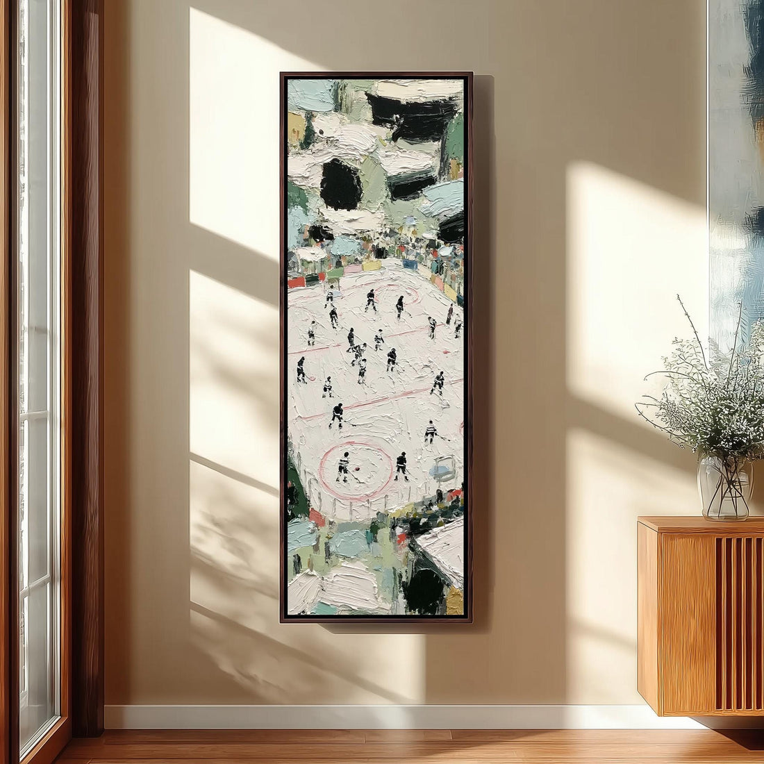 Ice hockey game seen from above long vertical canvas print in a sunlit living space