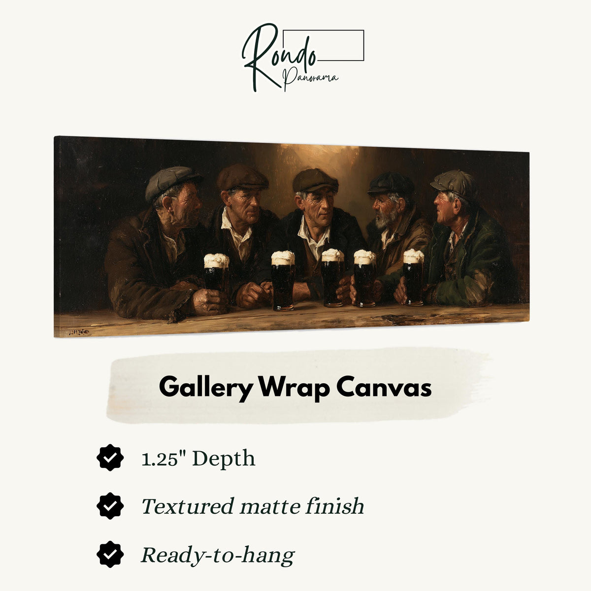 Friends toasting with stout in an Irish pub gallery wrap canvas with the image wrapped around the edges