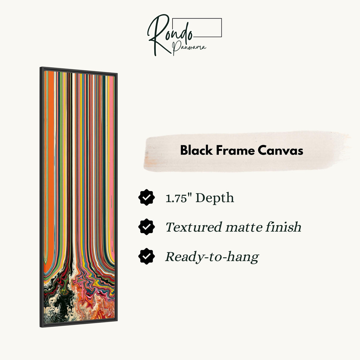 Rainbow stripes melting into swirls canvas print in a black floating frame