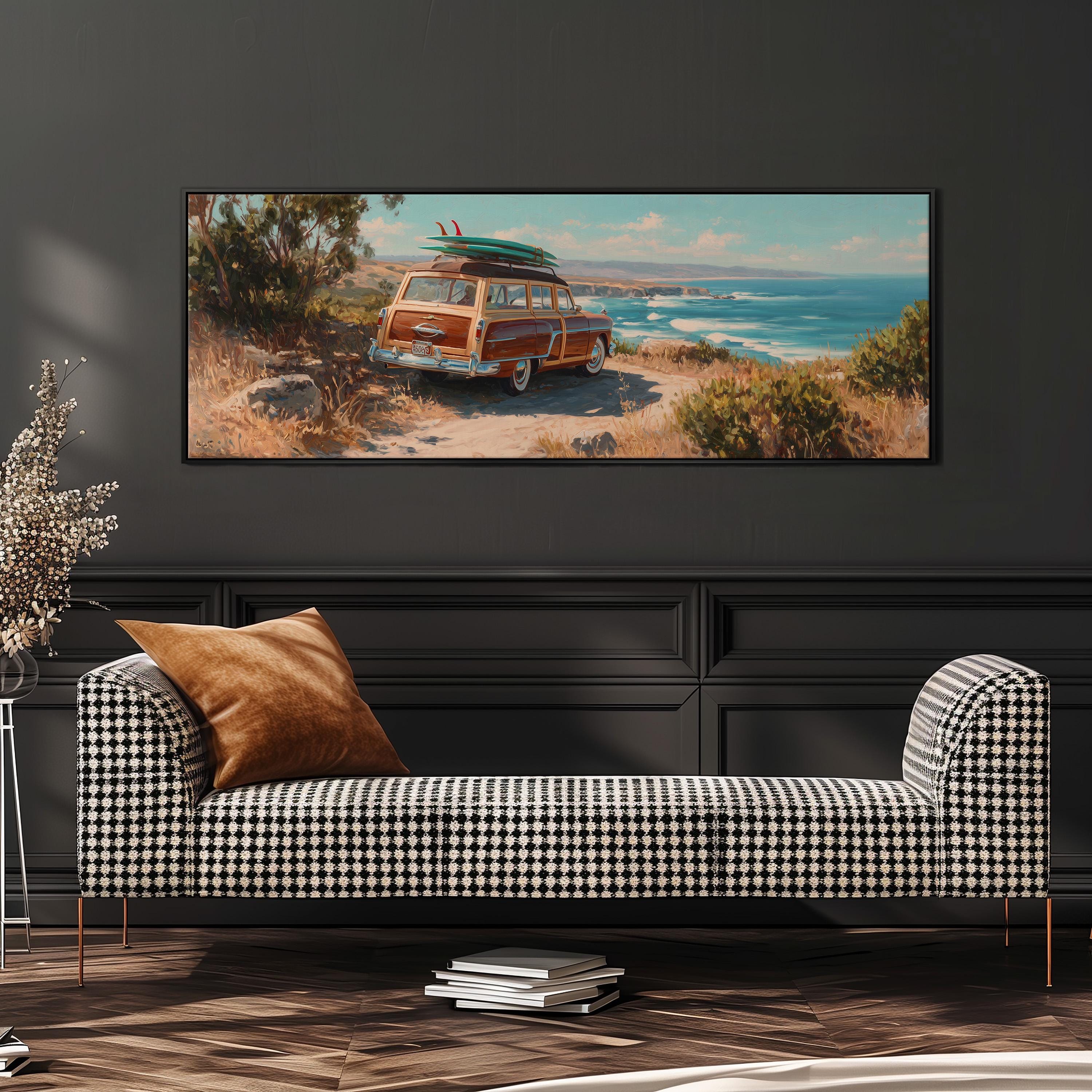 a large painting of a vintage car with a surfboard on top, set against a scenic coastal landscape.