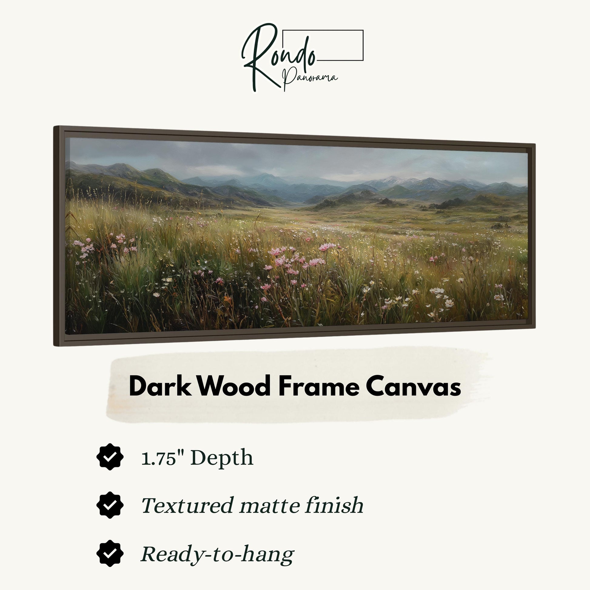 The image is a framed landscape painting depicting a field of flowers with mountains in the background.