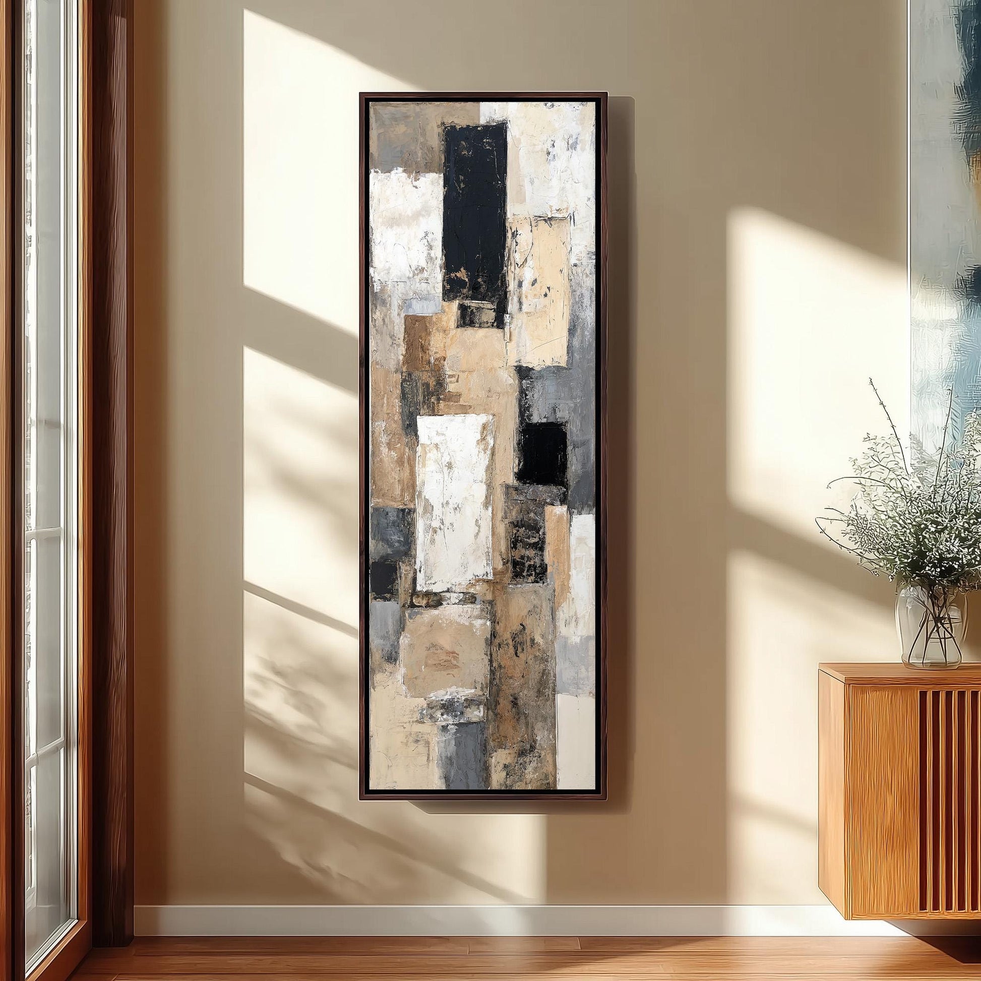 a large abstract painting hanging on a wall in a room with wooden furniture.