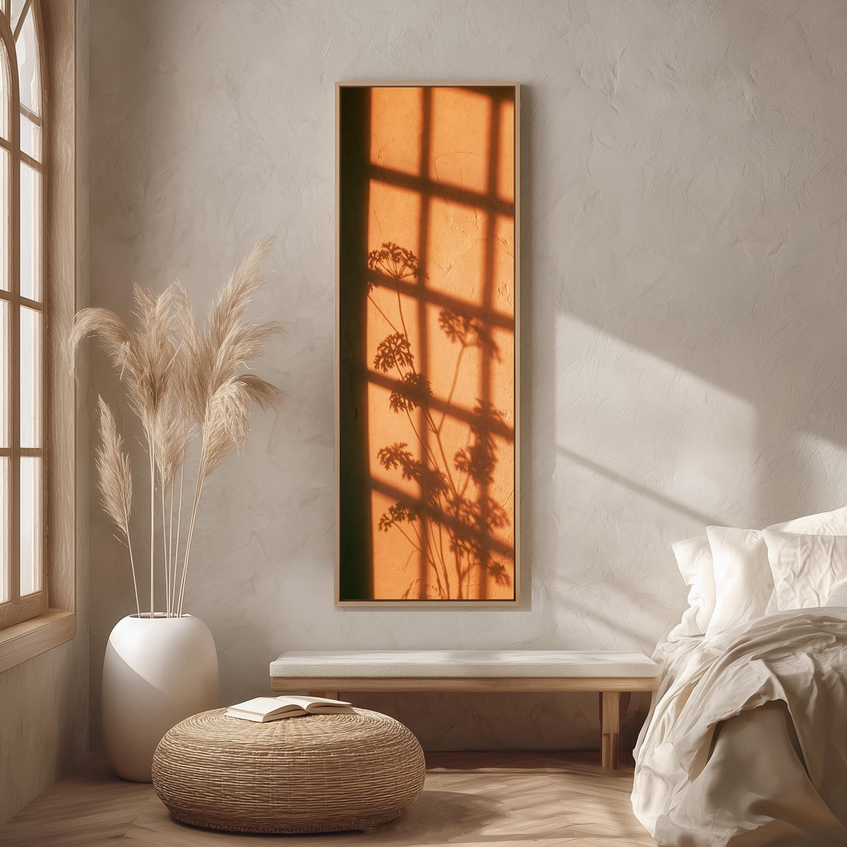 Window grid and plant shadow on a terracotta wall long vertical canvas print in a bright reading corner