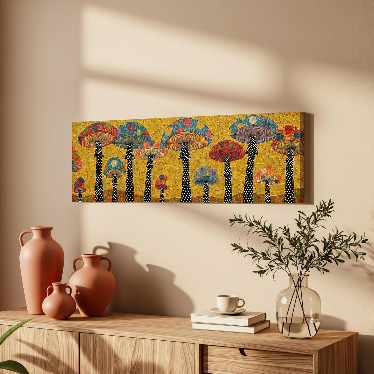 Polka dot mushrooms on gold long horizontal canvas print above a wooden sideboard
