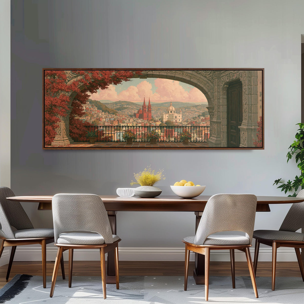 Old world city view through an archway long horizontal canvas print above a dining table