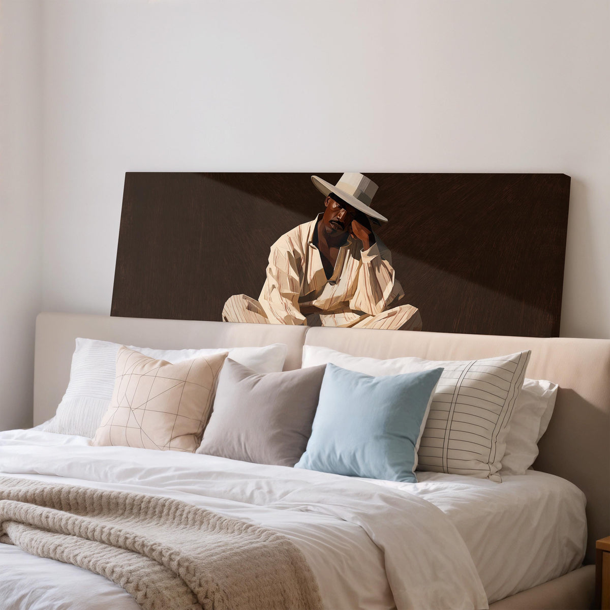 Pensive man in a white hat on brown wide panoramic canvas print above a bed in a bedroom