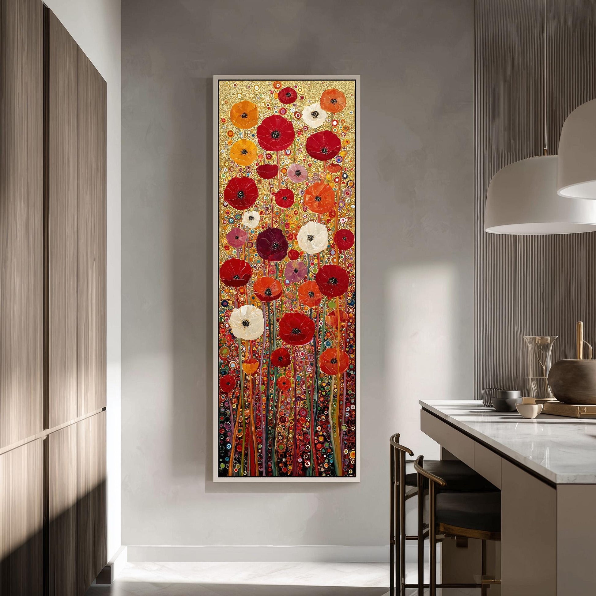 a large, colorful painting of flowers hanging on a wall in a modern kitchen.